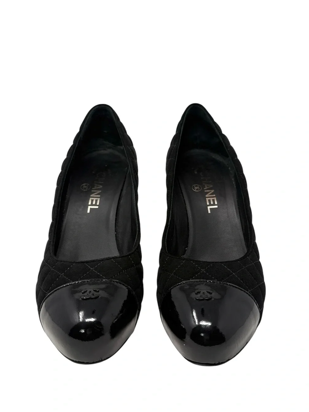 Chanel Quilted CC Cap Toe Black Suede Pumps Size 39.5
